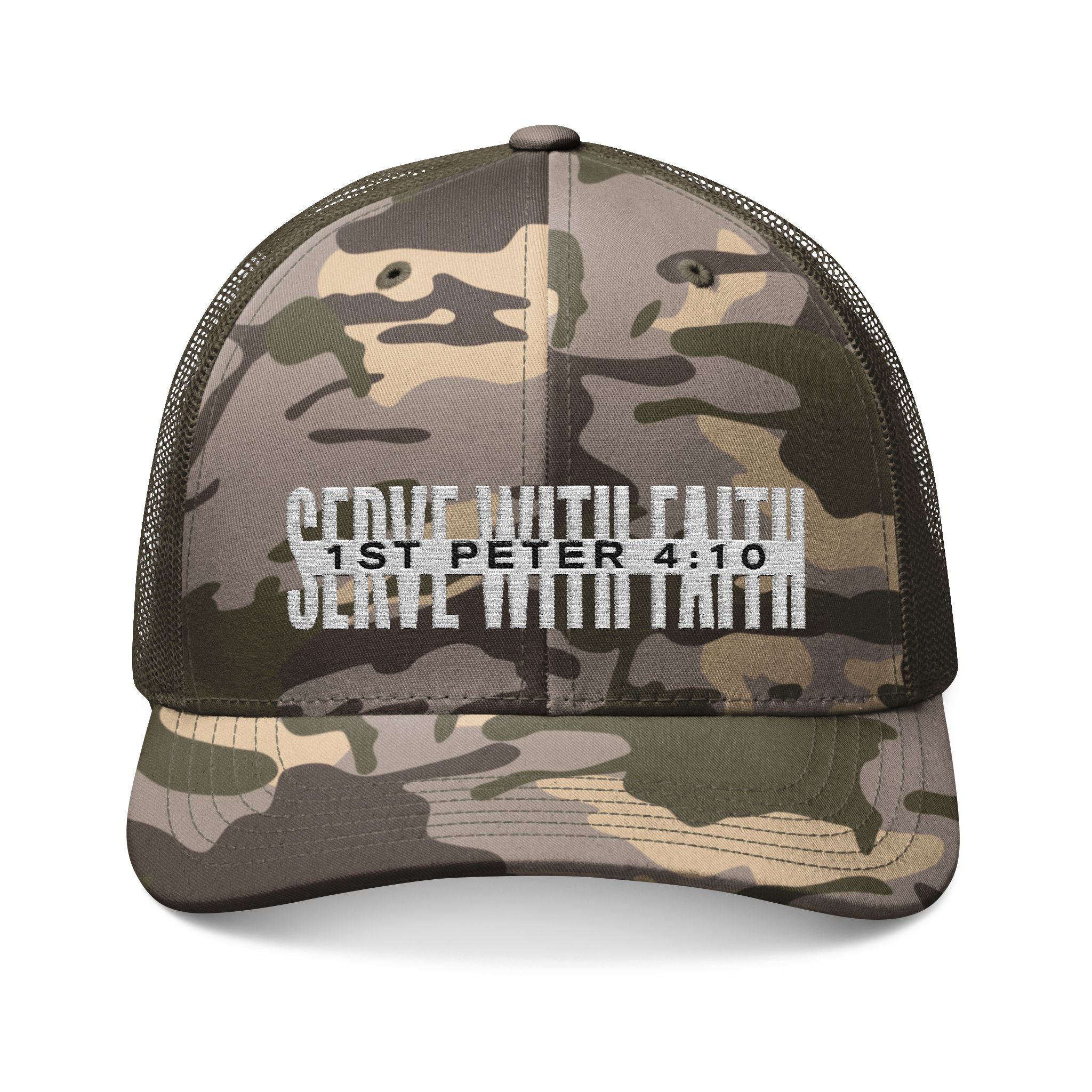 Serve With Faith Camouflage Trucker Hat — 1 Peter 4:10 Embroidered