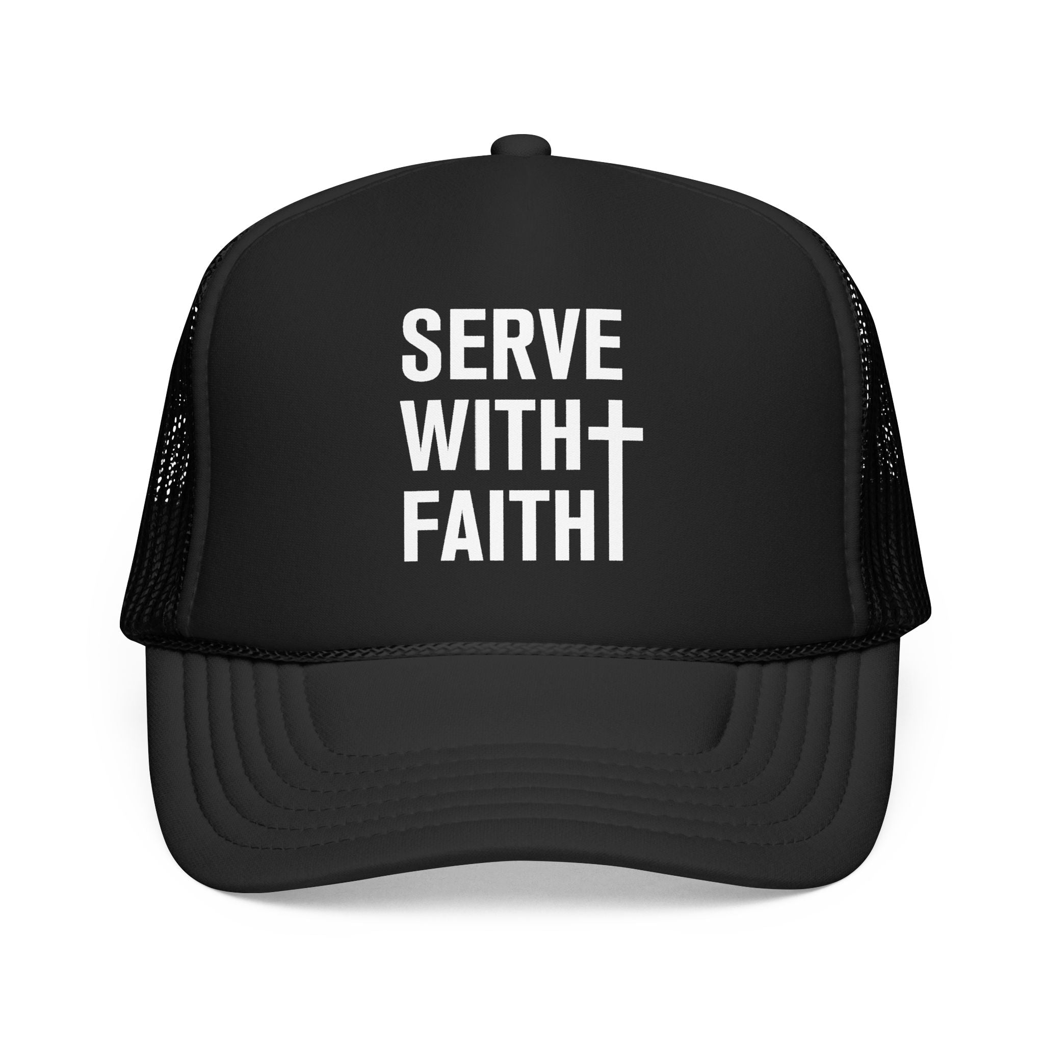 Serve With Faith Trucker Hat — Embroidered Faith Badge Foam Cap