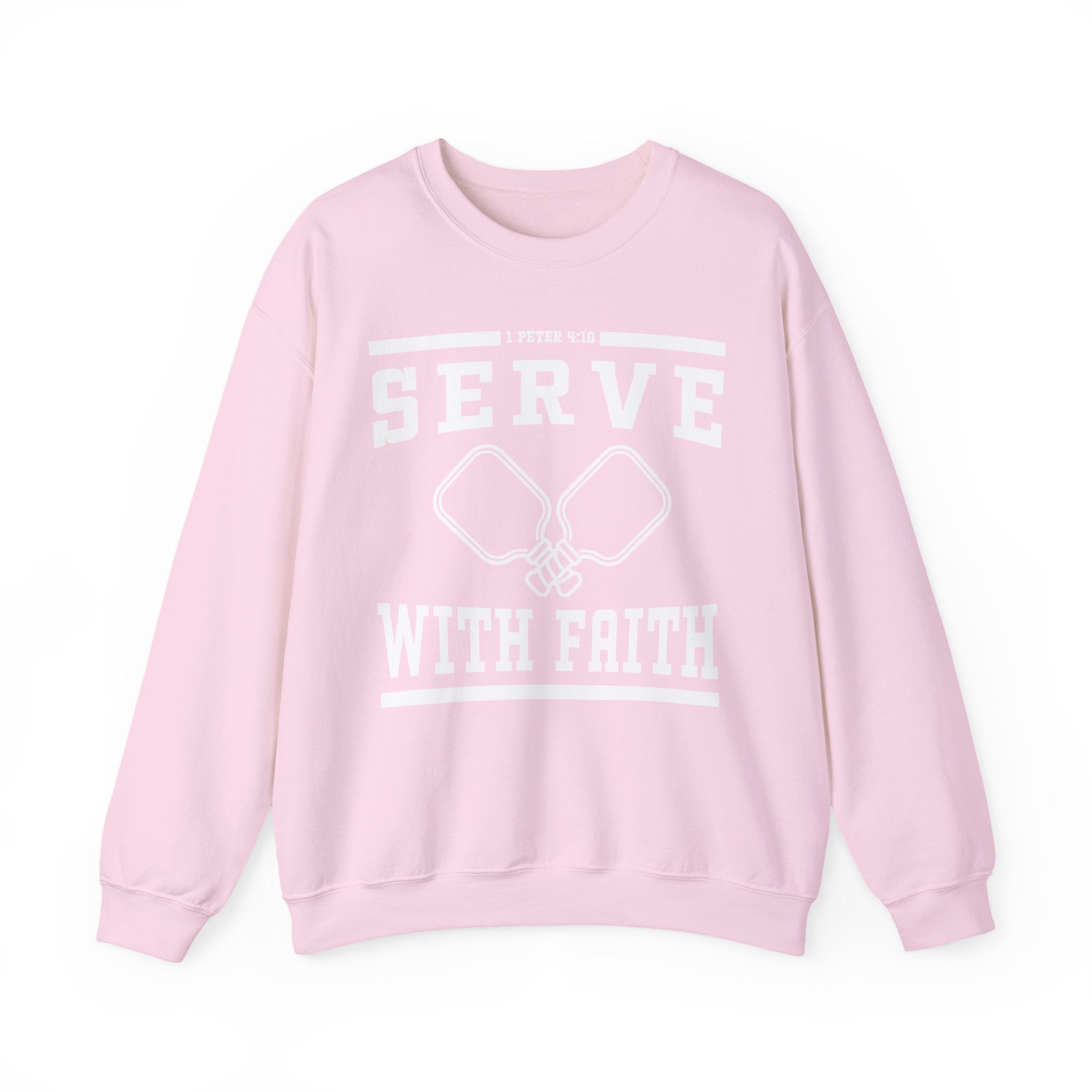 Serve With Faith 1 Peter 4:10 Pink Crewneck Sweatshirt — Pickleball Players