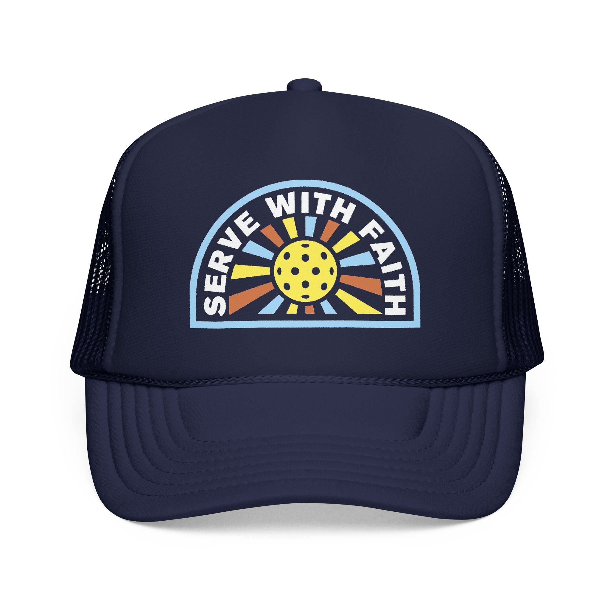 Serve With Faith Trucker Hat — Retro Sunburst Faith Cap
